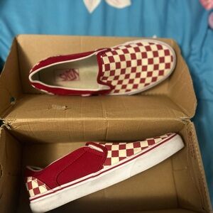 Vans Womens Red and White Checkered Slip-On Sneakers